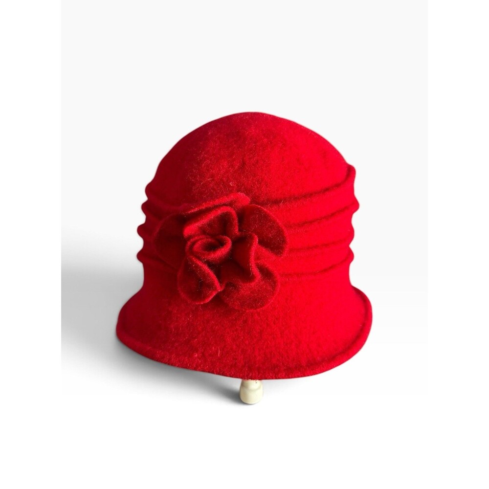 Red Wool Rose Cloche Hat Holiday Party Church Kentucky Derby Old Hollywood